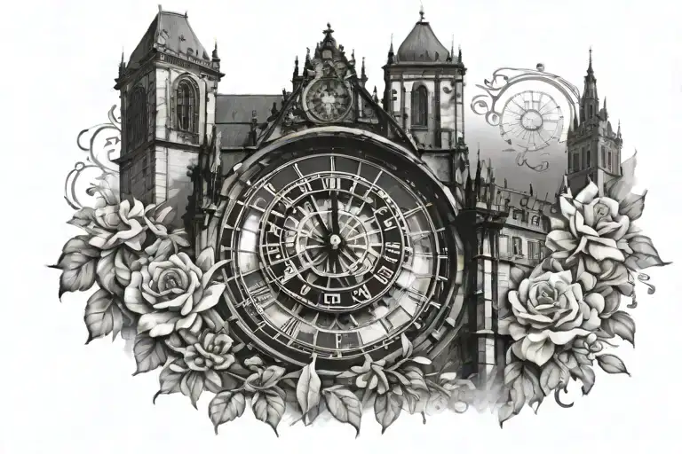 Prague Astronomical Clock Incorporating Florals Around And Coming Through The Clock