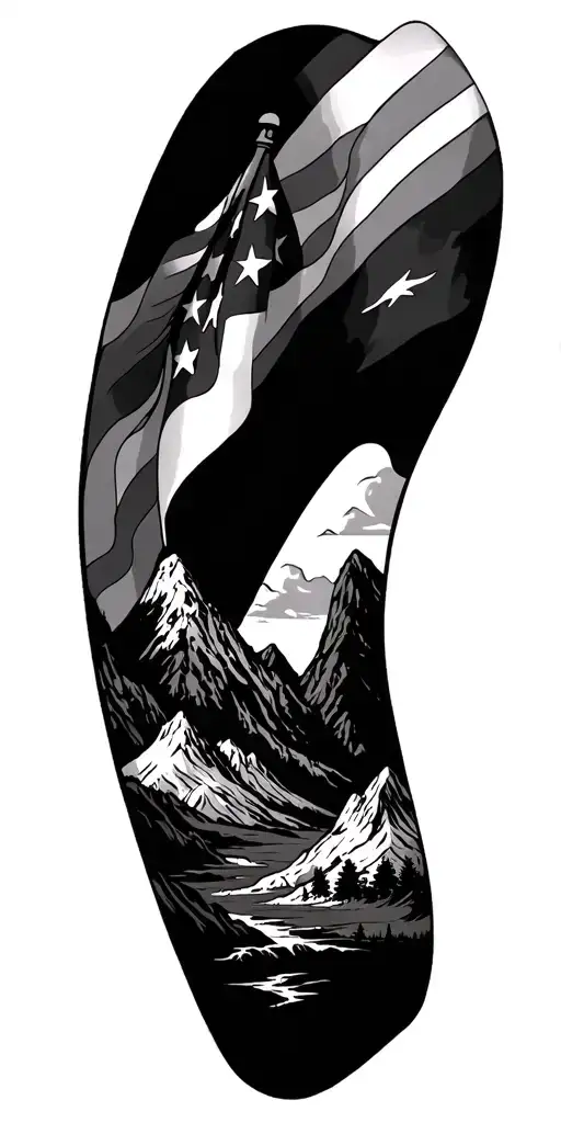 Western Gothic Inspired Tattoo Featuring Flag And Mountains