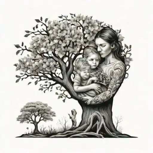Family Tree With Woman And Child In Tree Growing