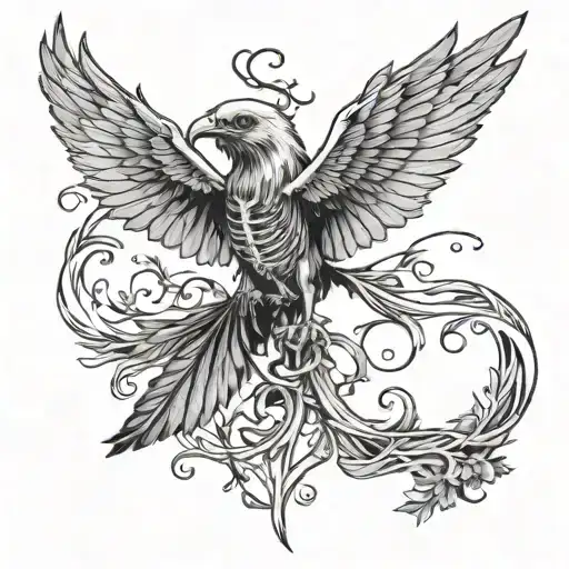 Bird Skeleton With Feathers Flying Down Open Mouth