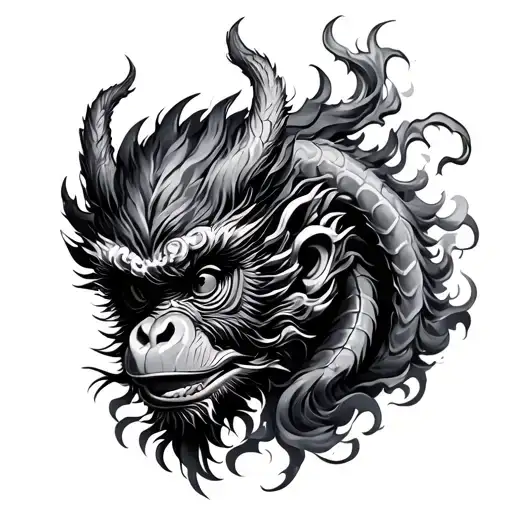 Japanese Dragon And Monkey Made Of Smoke