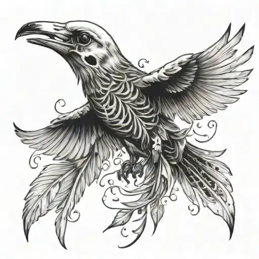 Bird Skeleton With Feathers Flying Down Open Mouth Minimum Details