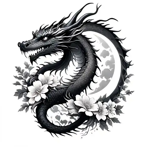 Dragon With Japanese Flowers And Moon