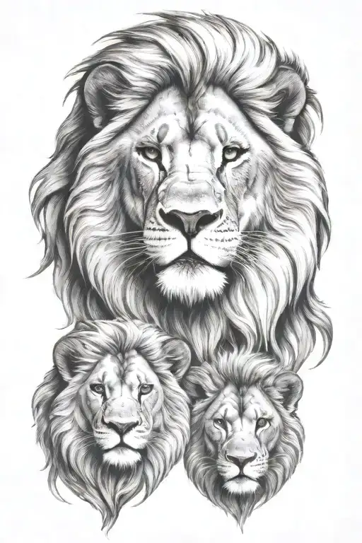 Masculine Lion Head Above 2 Lion Cubs