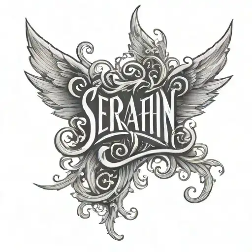 Serafin Written In Gothic Script Font Intertwined With 6 Wings