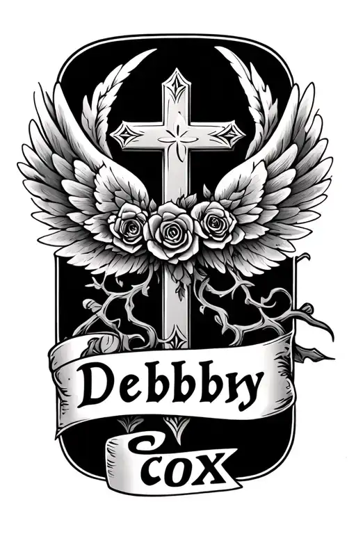 Cross With Vines And Wings With Text Saying Debby Cox