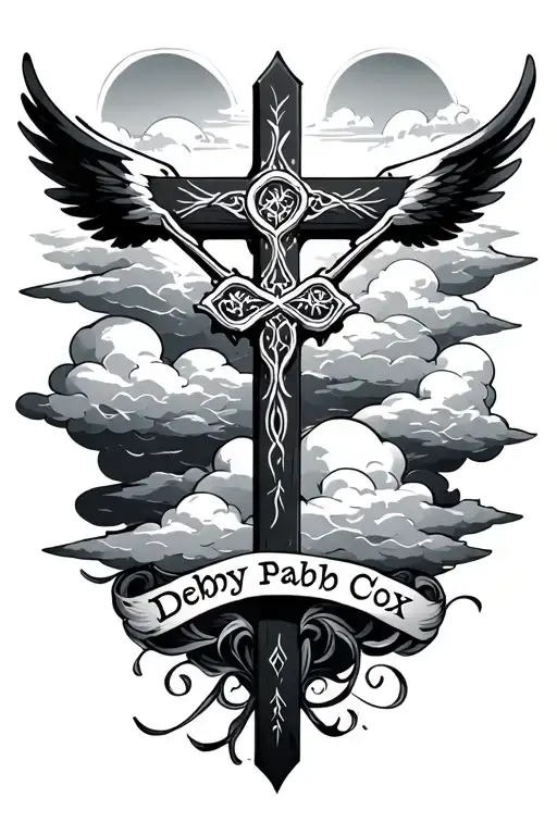 Cross With Clouds And Wings With Text Saying Debby Cox
