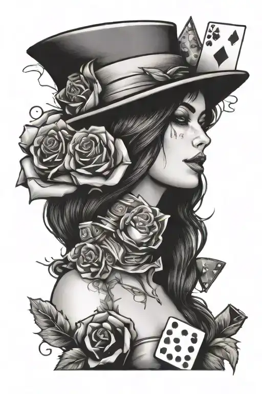 Girl With Roses And Gambling Symbols Like Dice