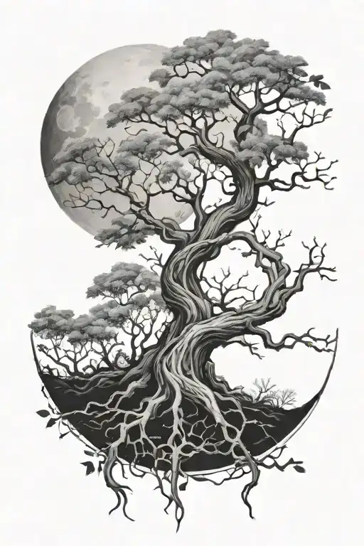 Back Tattoo Design Tree Moon Vines