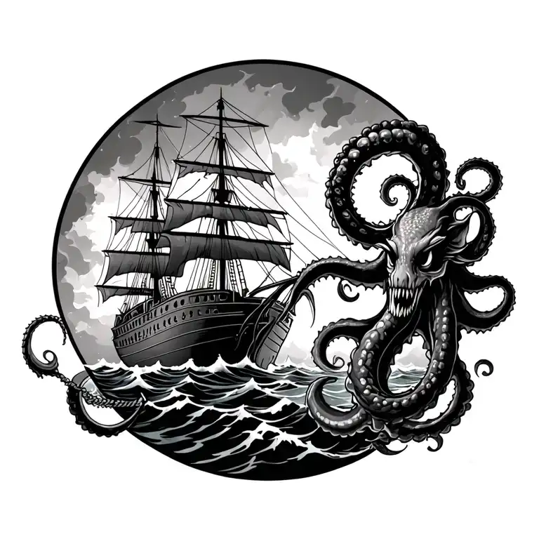 American Traditional Kraken Pulling A Ship