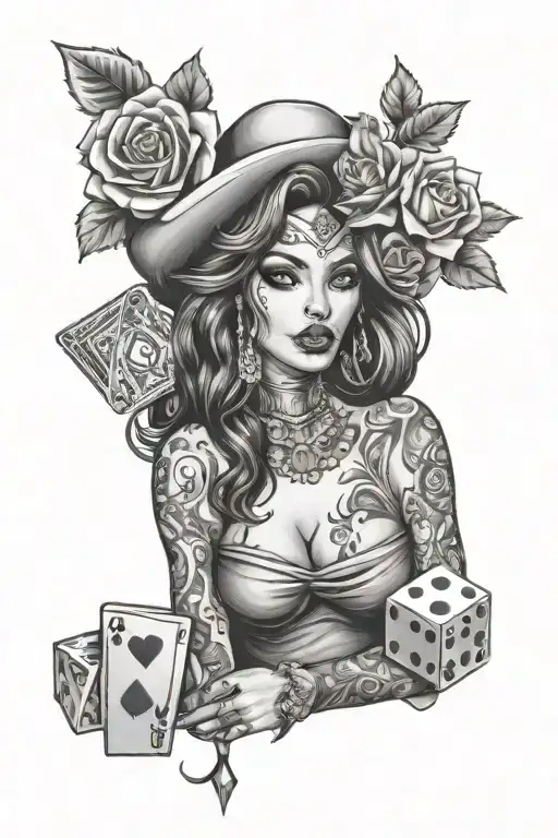 Chicana With Roses And Gambling Symbols Like Dice