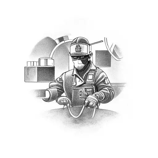 A Black-grey Tattoo Of A Mechanic Fixing A Broken Bridge