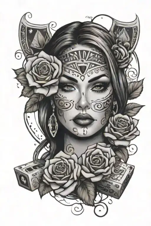 Chicana Face With Roses And Gambling Symbols Like Dice
