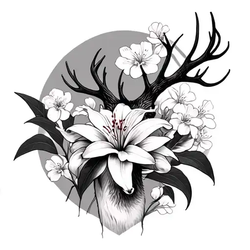 Red Spider Lily With A Deer And Japanese Cherry Blossoms