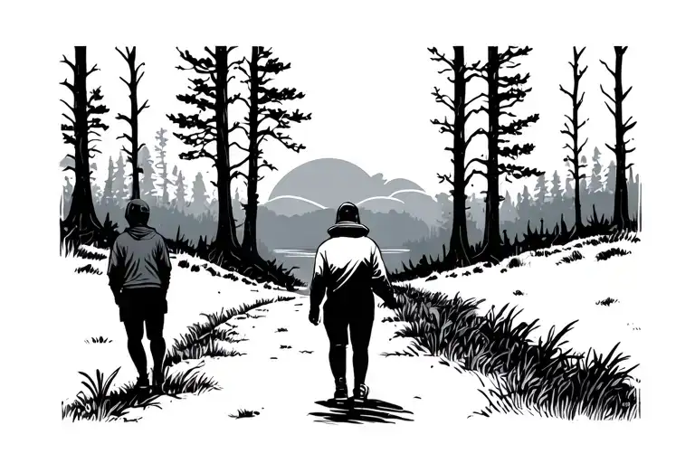 Two People Walking Through A Forest Towards The Sun Set