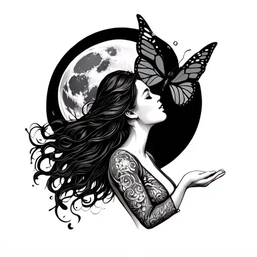 Woman With Butterfly Wings Reaching The Moon