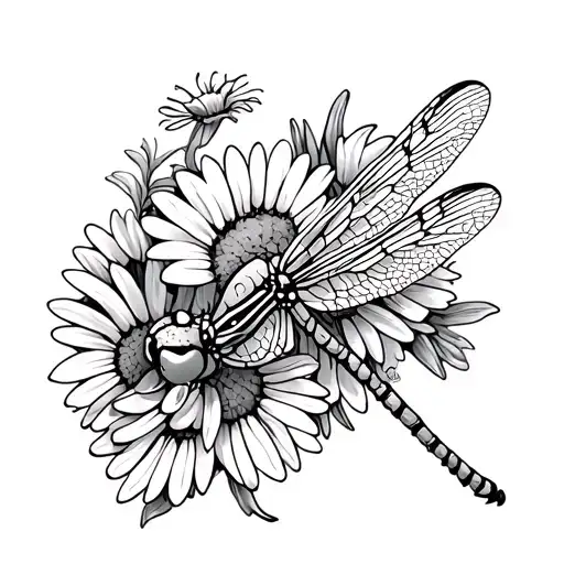 Line Art Dragon Fly With Daisies