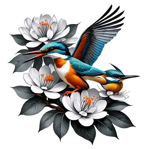 Kingfisher With Baby Kingfisher Flying And Pohutukawa Tree Flower