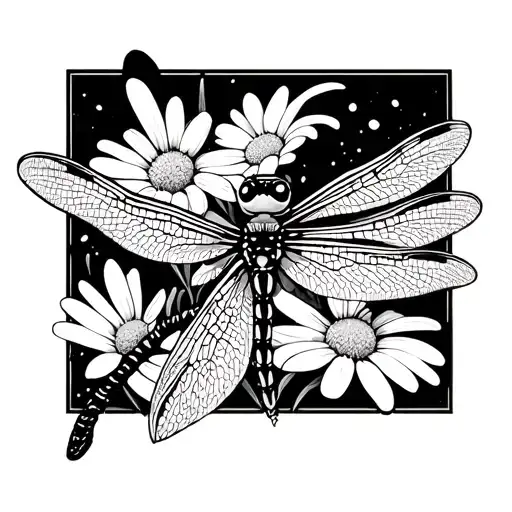 Minimalist Line Art Dragon Fly With Daisies