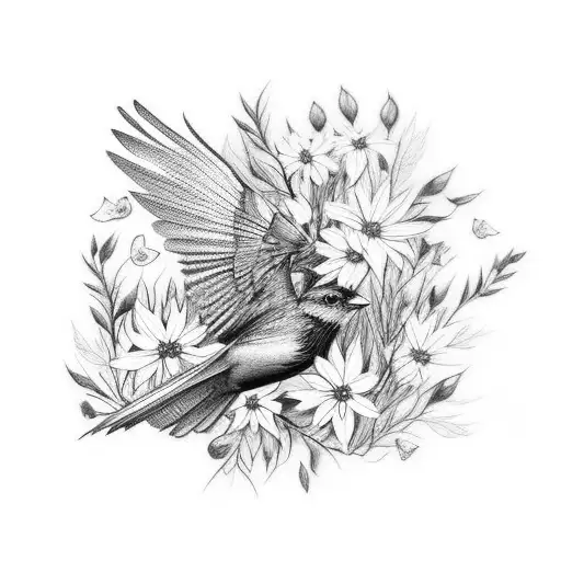 A Black And Grey Realistic Depiction Of A Bird In Flight Surrounded By Blooming Wildflowers