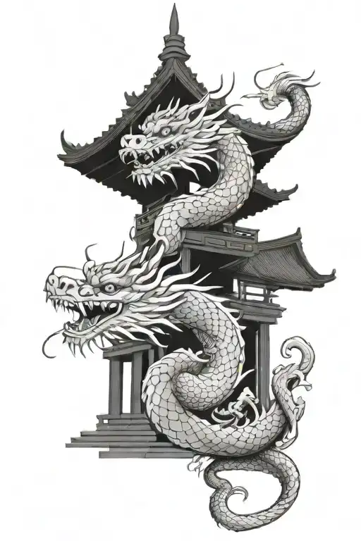Japanese Dragon Wrapped Around Temple Architecture Forming