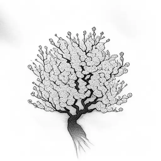 A Black And Grey Dotwork Tattoo Of A Cherry Blossom Tree With Wildflowers Scattered Around Its Base
