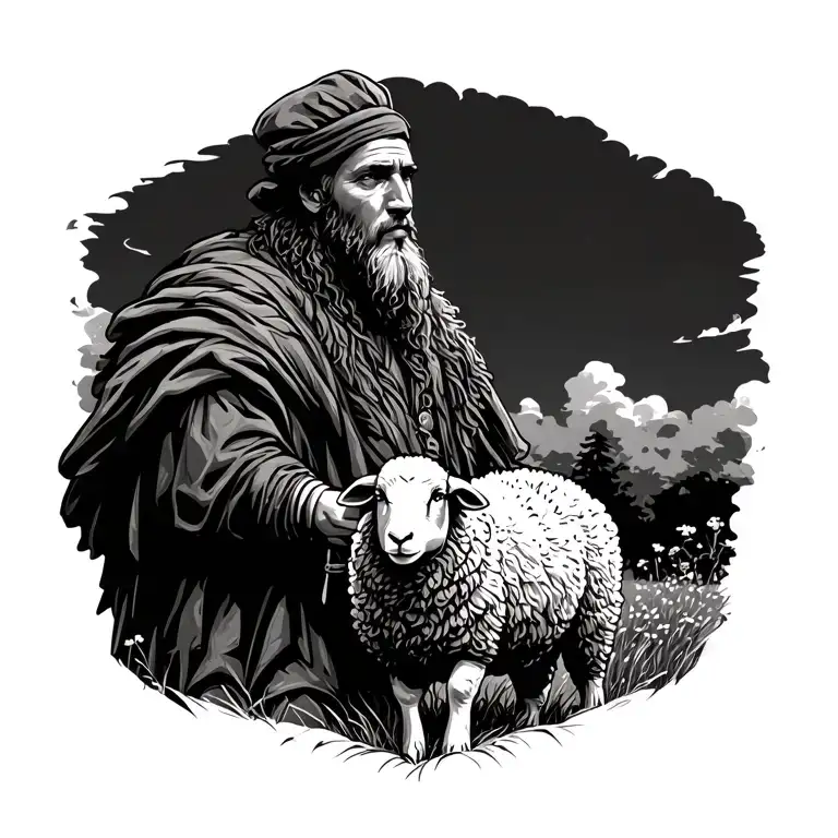 Shepherd Guarding Sheep