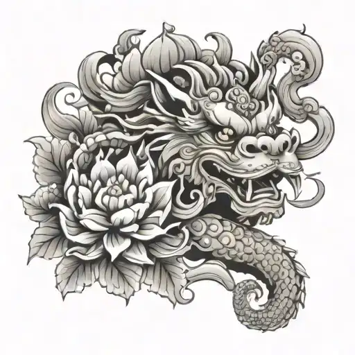 Foo Dog With Lotus Flowers And Smoke Rising