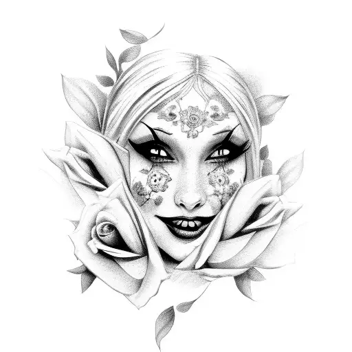 Female Clown Face Surrounded With Roses