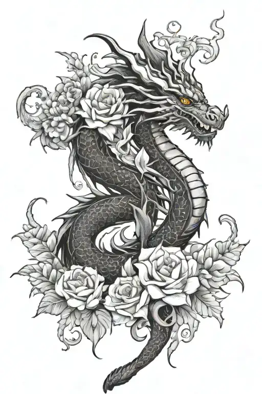 Color Flowers And Black Dragon