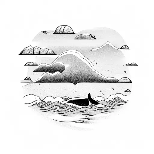 Landscape Of A Beach With A Whale Tail Sticking Out In The Sea In The Background