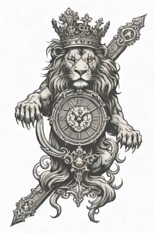 Lion With Crown And Clock Surrounded Religious Cross