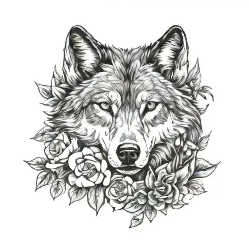 Wolf And Flowers Intertwined