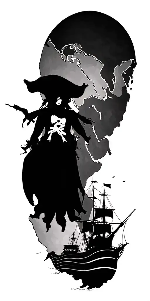 Pirate With World Map With A Woman Pirate And A Ship