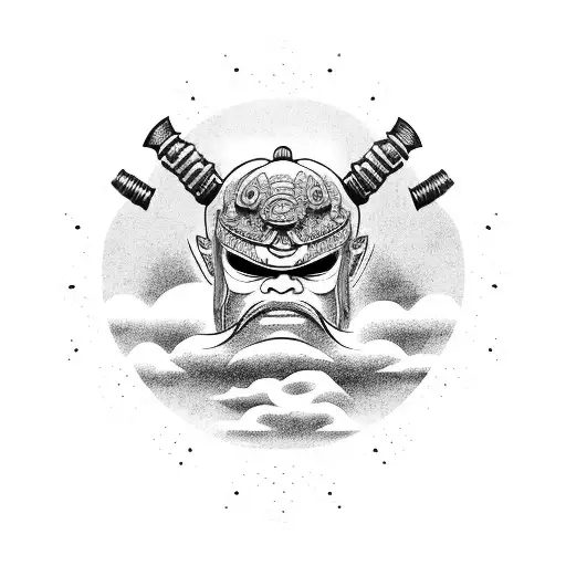 Japanese Oni Samurai Mask With Wave And Clouds In The Back Ground