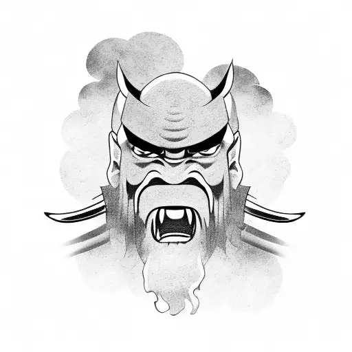 Oni Samurai Mask With Wave And Clouds In The Back Ground