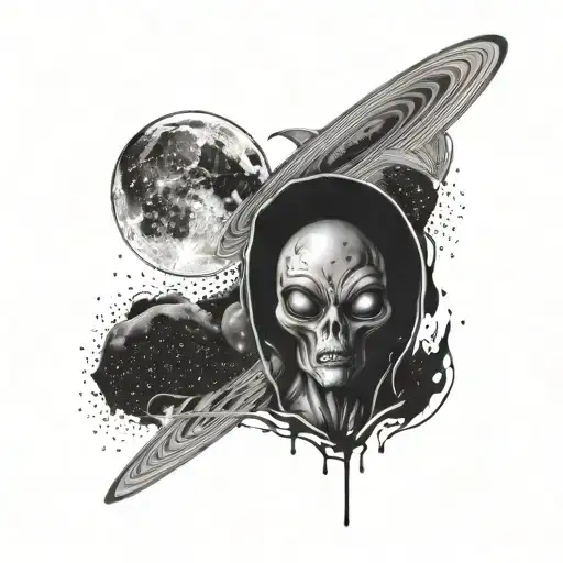 An Alien In Unfamiliar Surroundings With Galaxies And The Moon Behind