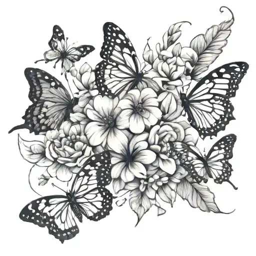 Flowers Butterflies In A Line