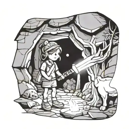 A Female Kid With A Torchlight At The Entrance Of An Animal Cave