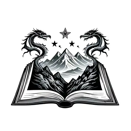 Open Book With Mountain Range With Three Stars And Three Dragons