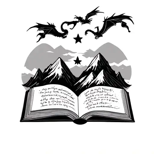 Open Book With Mountain Range With Three Stars And Three Dragons Flyin