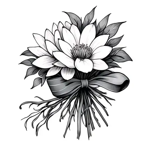 Simple Water Lillies And Cosmos Bouquet Tied With A Flowy Bow