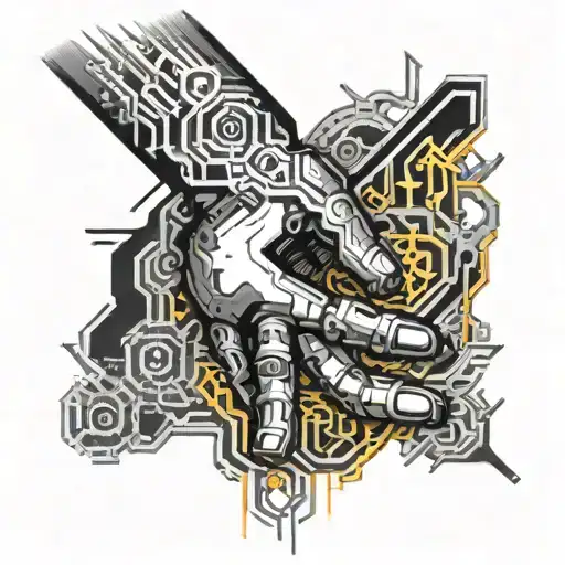 A Mechanical Arm Made Of Code Symbols Reaching Towards A Glowing Simbul Symbol