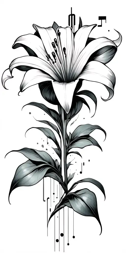 Full Sleeve Tattoo With A Single Lily Flower Electronic Music Elements Futuristic Black White