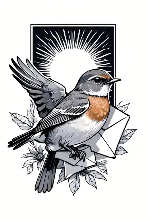 Robin Bird Flying Towards Sun With Envelope In Its Mouth