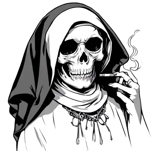 Skull Reaper Scary Nun Smoking Cigarette Pretty Girl