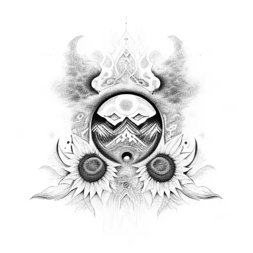 An Abstract Representation Of Darkness And Light Using Moon And Sunflower Motifs