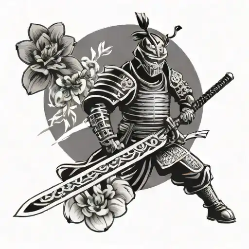 Samurai Warrior With Defqon Sword And Defqon Logo Combined And Some Flowers