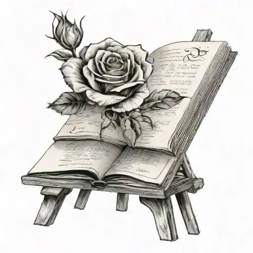A Easel Painting Of An Open Book With A Single Rose In Black And White