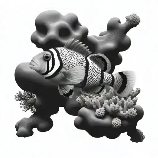 A Realistic Clown Fish Swimming Through A Black And Grey Reef Tank
